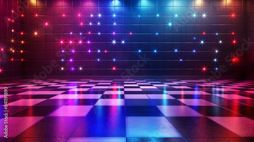  Colorful Disco Room with Checkered Floor and Starry Lights. Copy space. Generative AI 