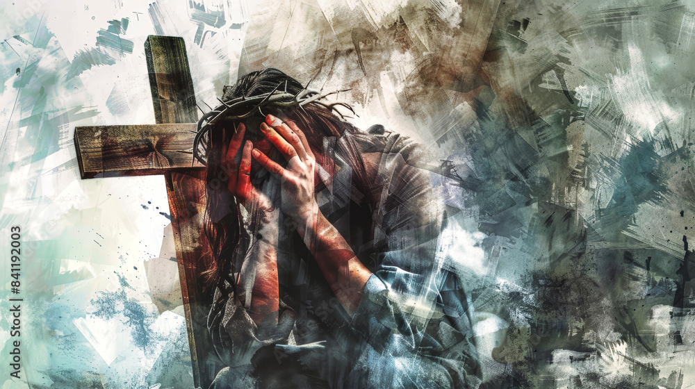 A painting depicting a man kneeling in despair, his head bowed in sorrow, with a wooden cross behind him. The image is a powerful representation of the weight of guilt and pain