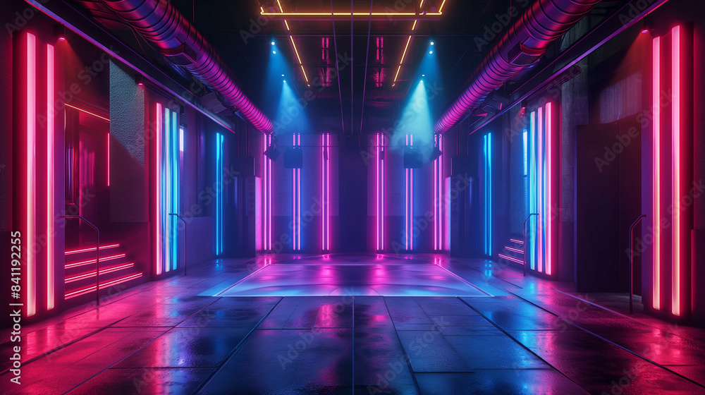 Fototapeta premium Neon Lit Empty Dance Floor in a Modern Club. Copy space. Generative AI 