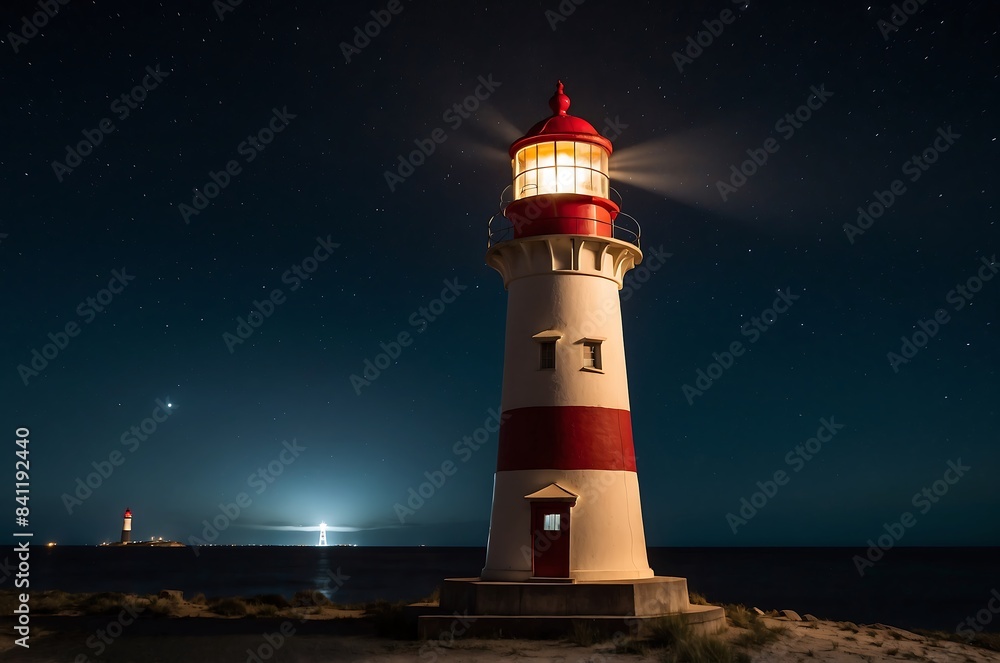 A solitary lighthouse with its beacon glowing, standing against a black background, symbolizing guidance and hope in the darkness