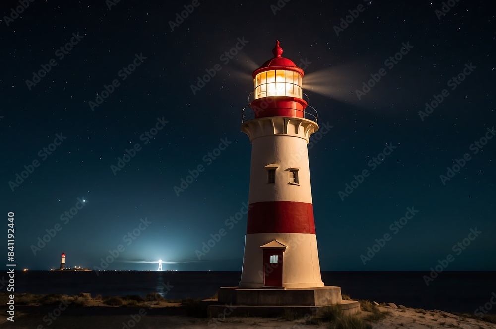 A solitary lighthouse with its beacon glowing, standing against a black background, symbolizing guidance and hope in the darkness A solitary lighthouse with its beacon glowing, standing against a black background, symbolizing guidance and hope in the darkness