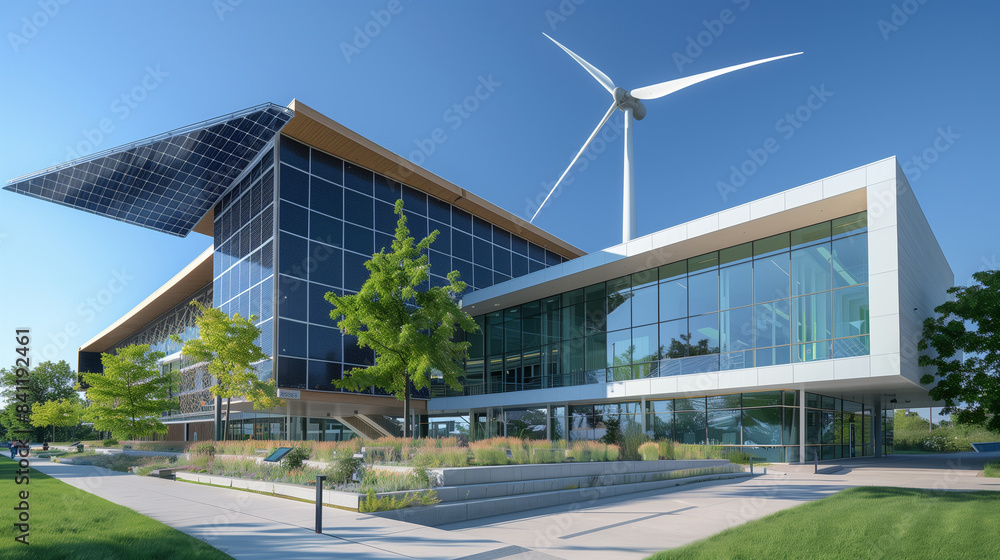 A large building with a wind turbine on top A large building with a wind turbine on top