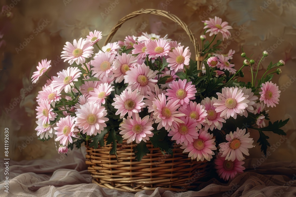 Basket of pink daisies in garden setting Basket of pink daisies in garden setting