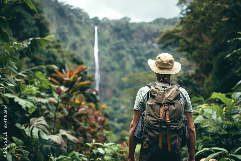 A traveler with a backpack admiring at a majestic waterfall in a lush tropical forest setting