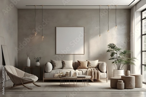 Contemporary neutral colors minimalist interior, home mockup , 3d render.