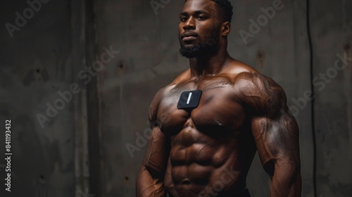 A muscular man with a black electronic muscle stimulation patch on his chest stands in a gym.