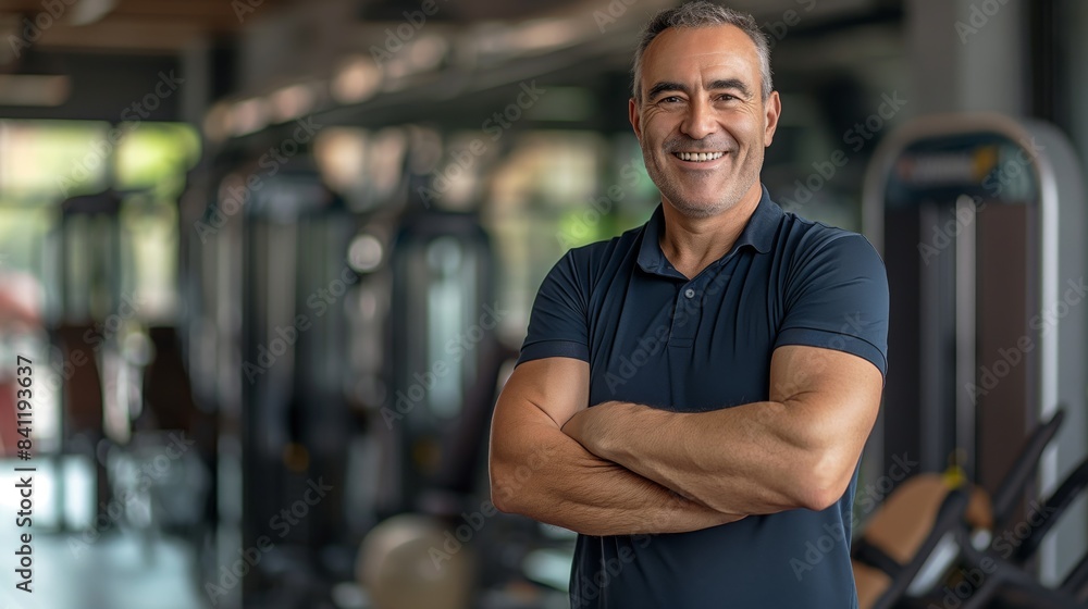 Smiling Fitness Trainer Cross Arm Pose at Modern Gym for Health and Fitness Promotion, Design for Print, Card, Poster, or Web Use Smiling Fitness Trainer Cross Arm Pose at Modern Gym for Health and Fitness Promotion, Design for Print, Card, Poster, or Web Use