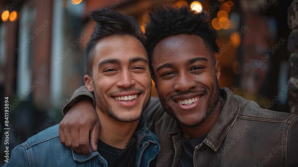 two men smiling at the camera and hugging each other two men smiling at the camera and hugging each other