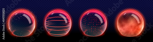 3d abstract red protect shield sphere with energy barrier. Magic dome shape with glitter effect. Futuristic game graphic set. Glass data globe glow with light reflection and cloud powder vapour