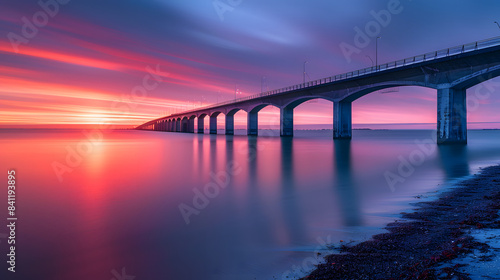 Denmark, Aarhus, Long exposure of Infinite Bridge and Aarhus Bay at sunrise