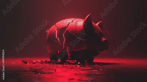 Cracked piggy bank, dim lighting, downward red graph, flat design, top view, loss theme, 3D render, Triadic Color Scheme photo