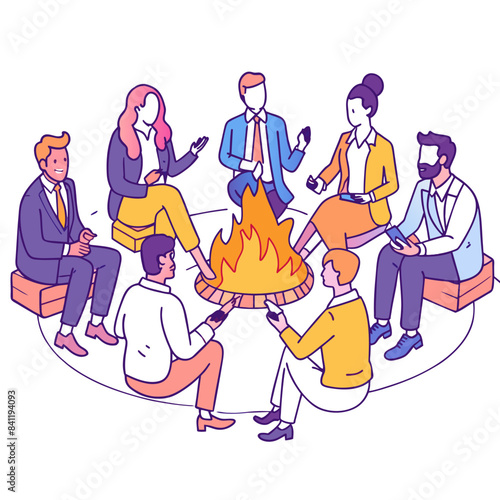 business men and women tell each other stories sitting by the fire