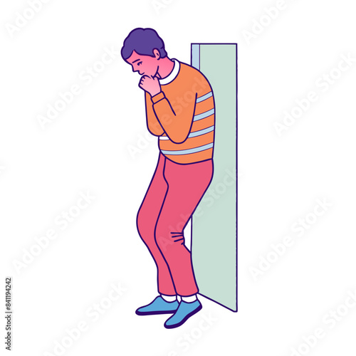 Standing alone, leaning sideways against the wall and thinking