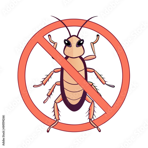 minimalistic drawing of a funny cockroach trying to get out from behind a round forbidding sign photo