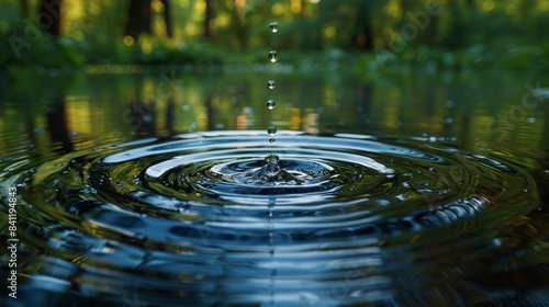 A single water droplet falls into a calm pond, creating concentric ripples. The background is blurred, showing a forest setting.