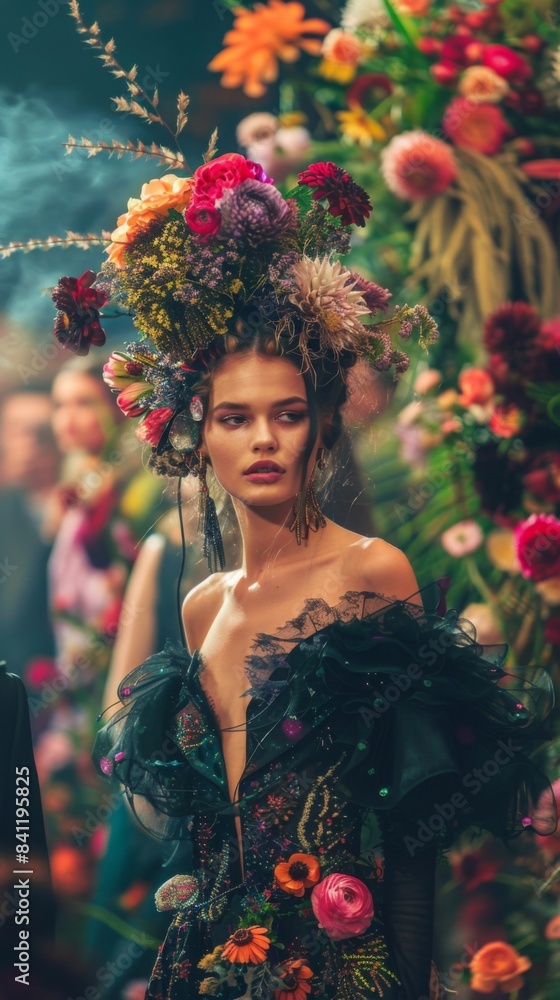 Naklejka premium A woman in a dress with flowers on her head