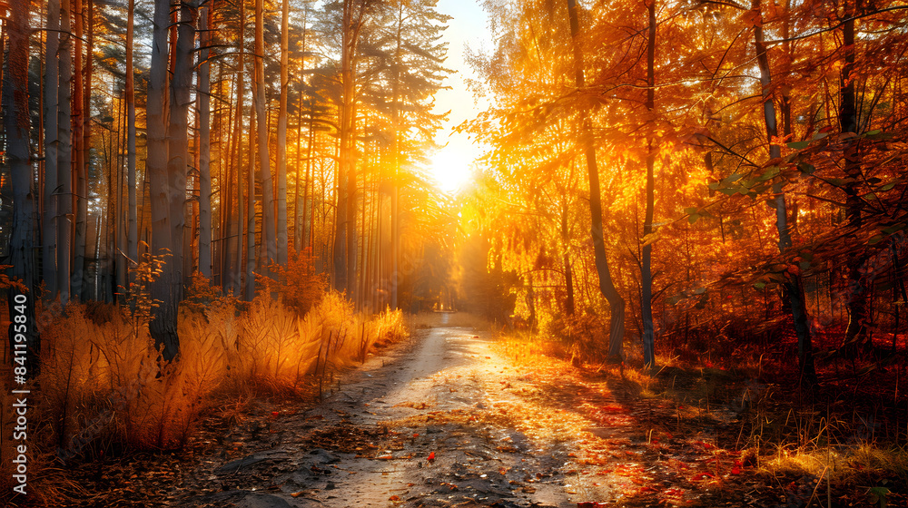 Fototapeta premium Fall. Fall forest. Forest landscape. Autumn nature. Sunshine in forest. Sun shines through trees. Path in natural park with autumn trees