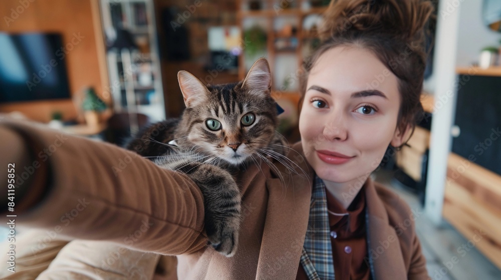 A young beautiful businesswoman in a brown suit taking a selfie with a cute cat in her office space A young beautiful businesswoman in a brown suit taking a selfie with a cute cat in her office space