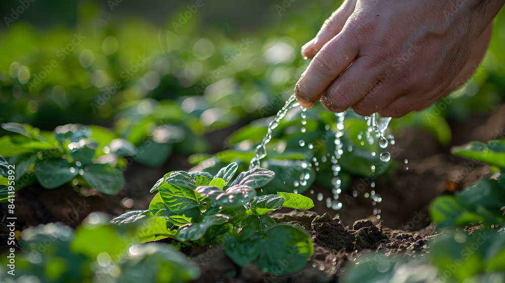 Farmer's hand watering a young plant Farmer's hand watering a young plant