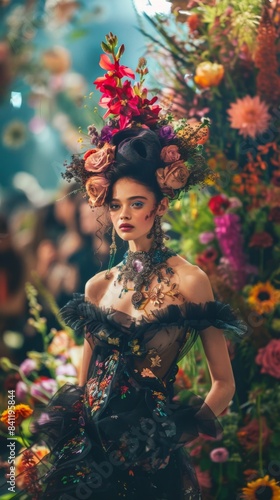 A woman in a black dress with flowers on her head