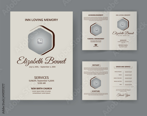 Funeral  Template for Memorial Program. Minimalist Bifold Brochure Design Layout.