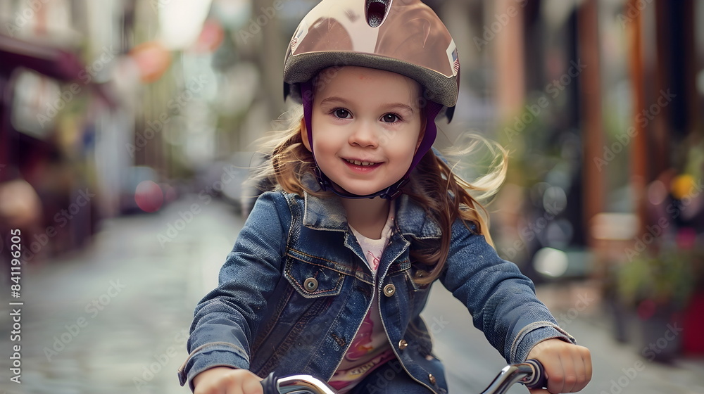 Child Riding Bike Safety Helmet Urban Setting Child Riding Bike Safety Helmet Urban Setting