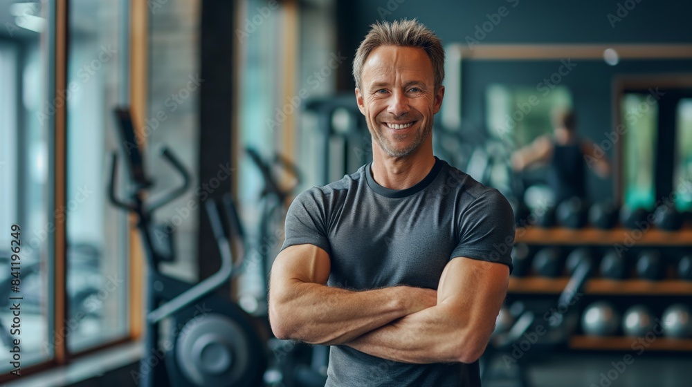 Middle-Aged Male Fitness Trainer in Gym, Promoting Health and Wellness, Perfect for Fitness Advertisements, Gym Promotions Middle-Aged Male Fitness Trainer in Gym, Promoting Health and Wellness, Perfect for Fitness Advertisements, Gym Promotions