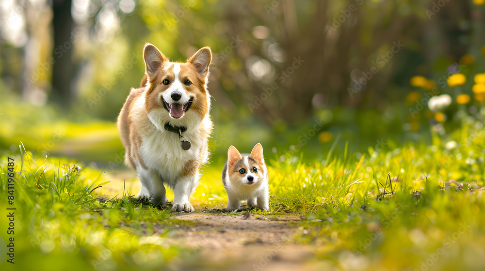 fluffy friends cat and corgi dog walk along the green grass on the summer path fluffy friends cat and corgi dog walk along the green grass on the summer path