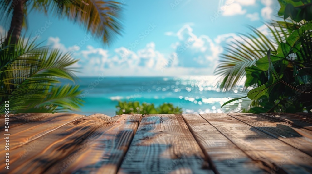 Fototapeta premium blurred background of a wooden table top with a blue sea and sky