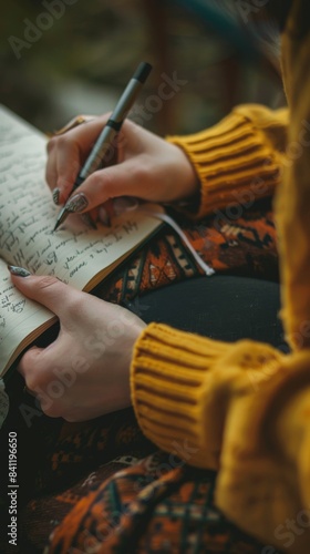 A person writing in a notebook with a pen