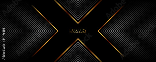 3D black luxury abstract background on dark space with gray stripes effect decoration. Modern arrows style. Graphic design element golden lines concept for web banner, flyer, card, or brochure cover