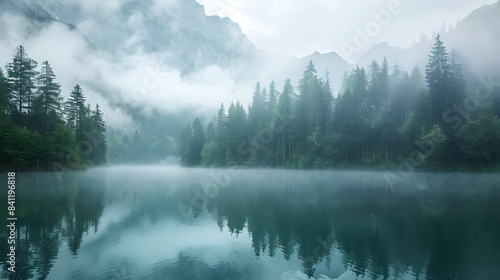 Foggy mountain lake.