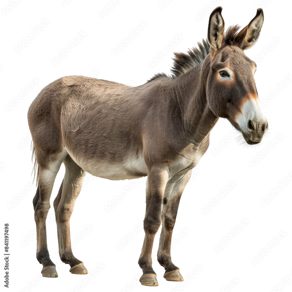 A brown donkey stands in front of a white background A brown donkey stands in front of a white background