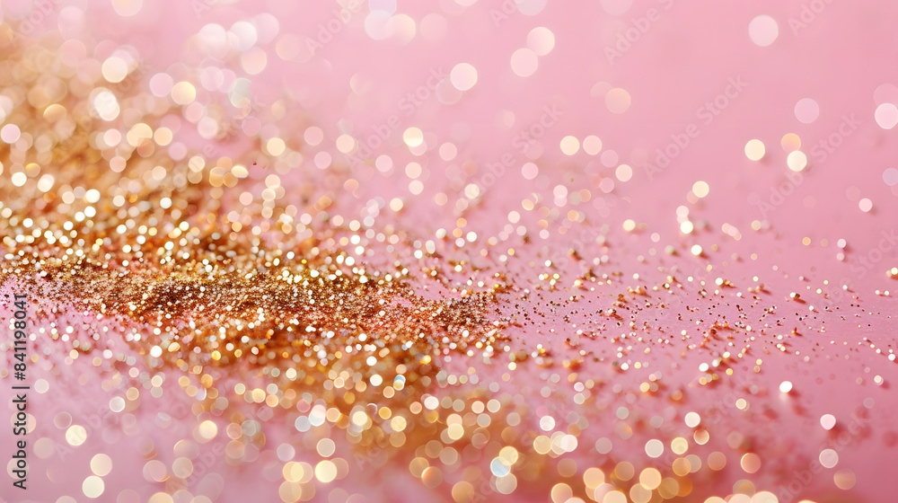 Gold Sparkles On Pink Background. Light Pink Minimalistic Festive 