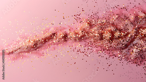 Golden pink sparkles on pink background. Light pink minimalistic festive glamorous background with scattered metal glitter in delicate pastel colors