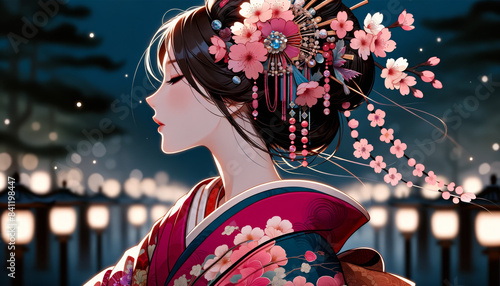 日本画（Japanese painting）／美人画　美女　着物　anime　イラスト 桜