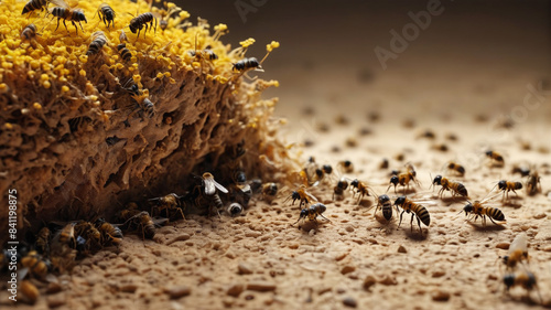 Marveling at the complexity of insect societies, where bees dance to communicate, termites construct towering mounds, and ants form vast underground networks, Generative AI photo