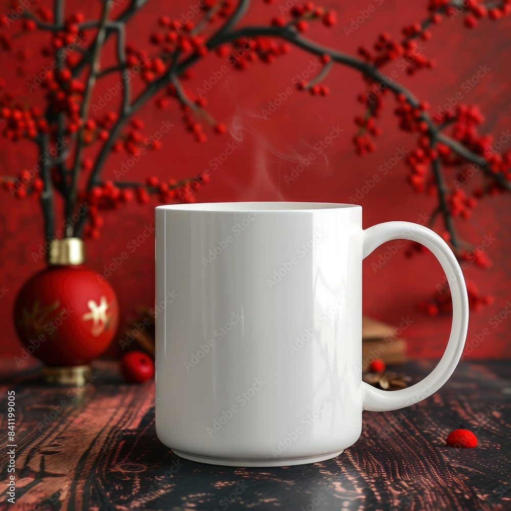 Fototapeta premium White Coffee Mug 15Oz Mockup, On Chinese New Year Background