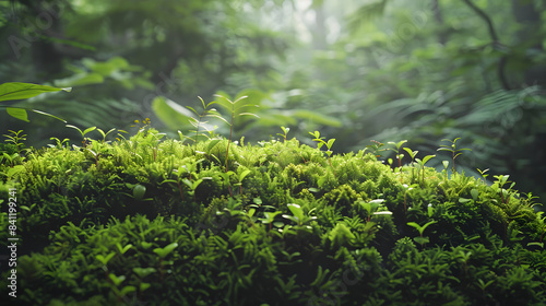 Green moss and background. Backdrop for displaying products. Dark forest background