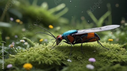 Amidst the Nest of Behemoths, gargantuan grasshoppers leap with thunderous force, their powerful legs propelling them through the dense foliage of the oversized forest, Generative AI. photo