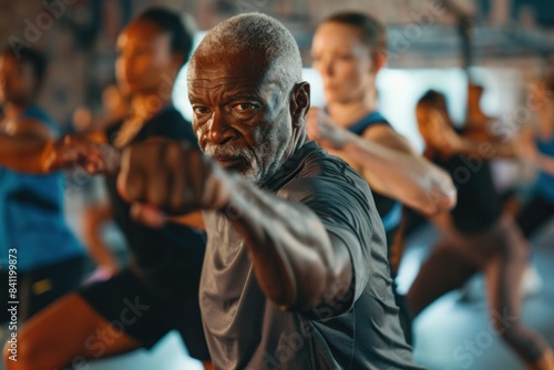 Elderly African American man leading a fitness class in a gym, wearing black sportswear.