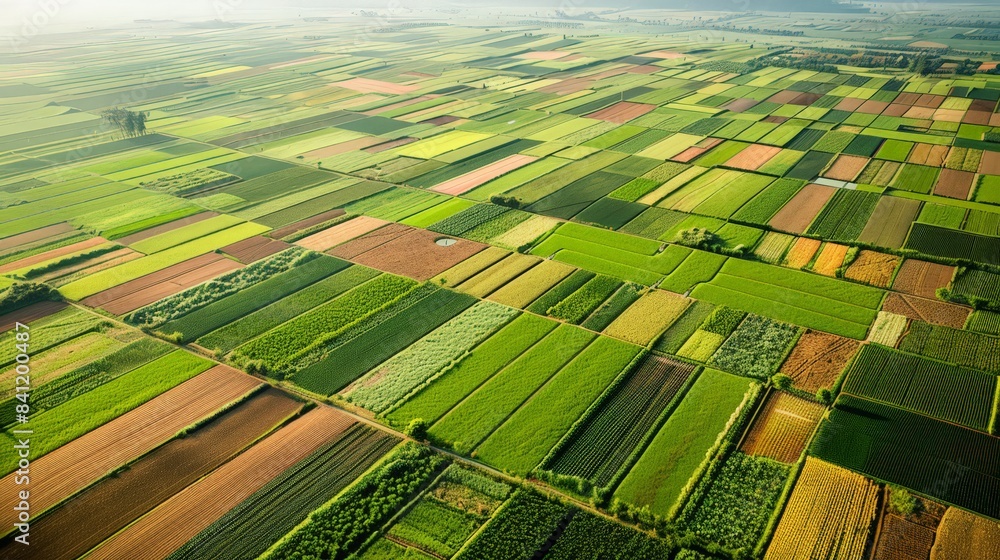 Fototapeta premium Create an aerial view of a large agricultural area, with neatly divided fields of varying crops, showcasing the organized and patterned layout of farmland.