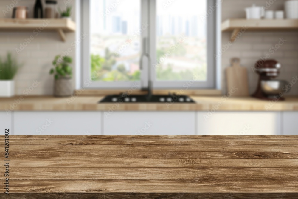 Wood table top on blurred kitchen background. can be used mock up for montage products display or design layout with generative ai Wood table top on blurred kitchen background. can be used mock up for montage products display or design layout with generative ai