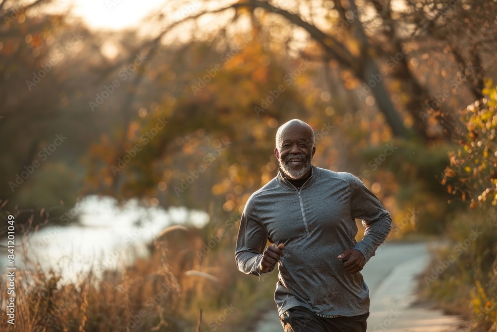 Obraz premium Joyful senior African American man stretching during a group workout in a sunny park.