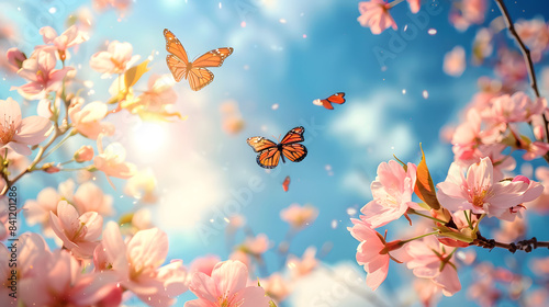 Large-format spring image of blooming nature. Branches of pink cherry blossoms and fluttering butterflies against a blue sky with clouds on bright sunny day
