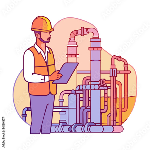 Supervising engineer inspects district heating plant pipes and valves at sunset