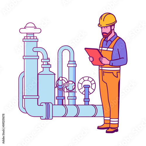 Supervising engineer inspects district heating plant pipes and valves at sunset