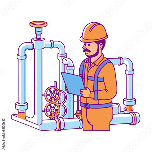 Supervising engineer inspects district heating plant pipes and valves at sunset