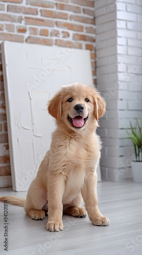 A cute golden retriever puppy sits on a hardwood floor in front of a brick wall