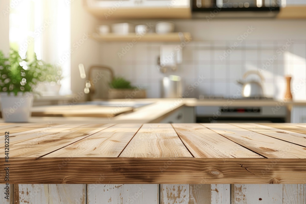 Wood table top on blurred kitchen background. can be used mock up for montage products display or design layout with generative ai Wood table top on blurred kitchen background. can be used mock up for montage products display or design layout with generative ai